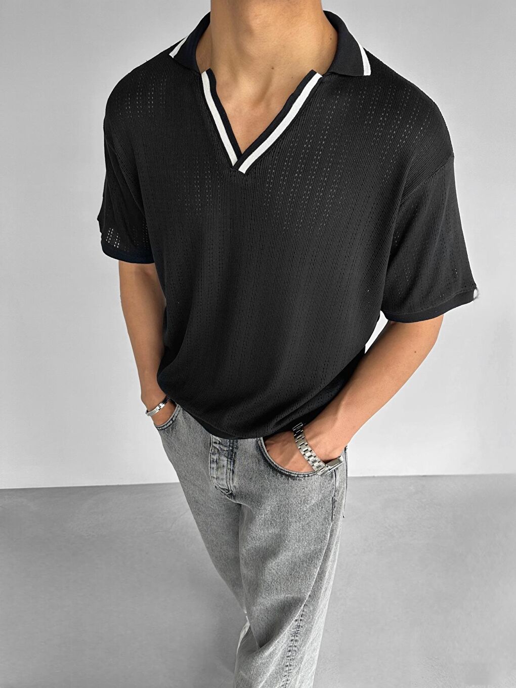 Erkek Yarım Pat V Yaka Desenli Triko T-Shirt Siyah Beyaz-4