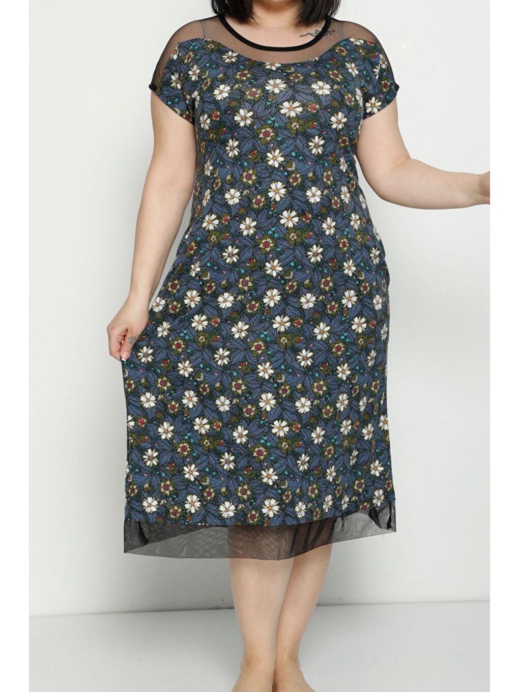 Lacivert Desenli Cepli Tül Detaylı Penye Modal Büyük Beden Kısa Kollu Pamuklu Elbise-2