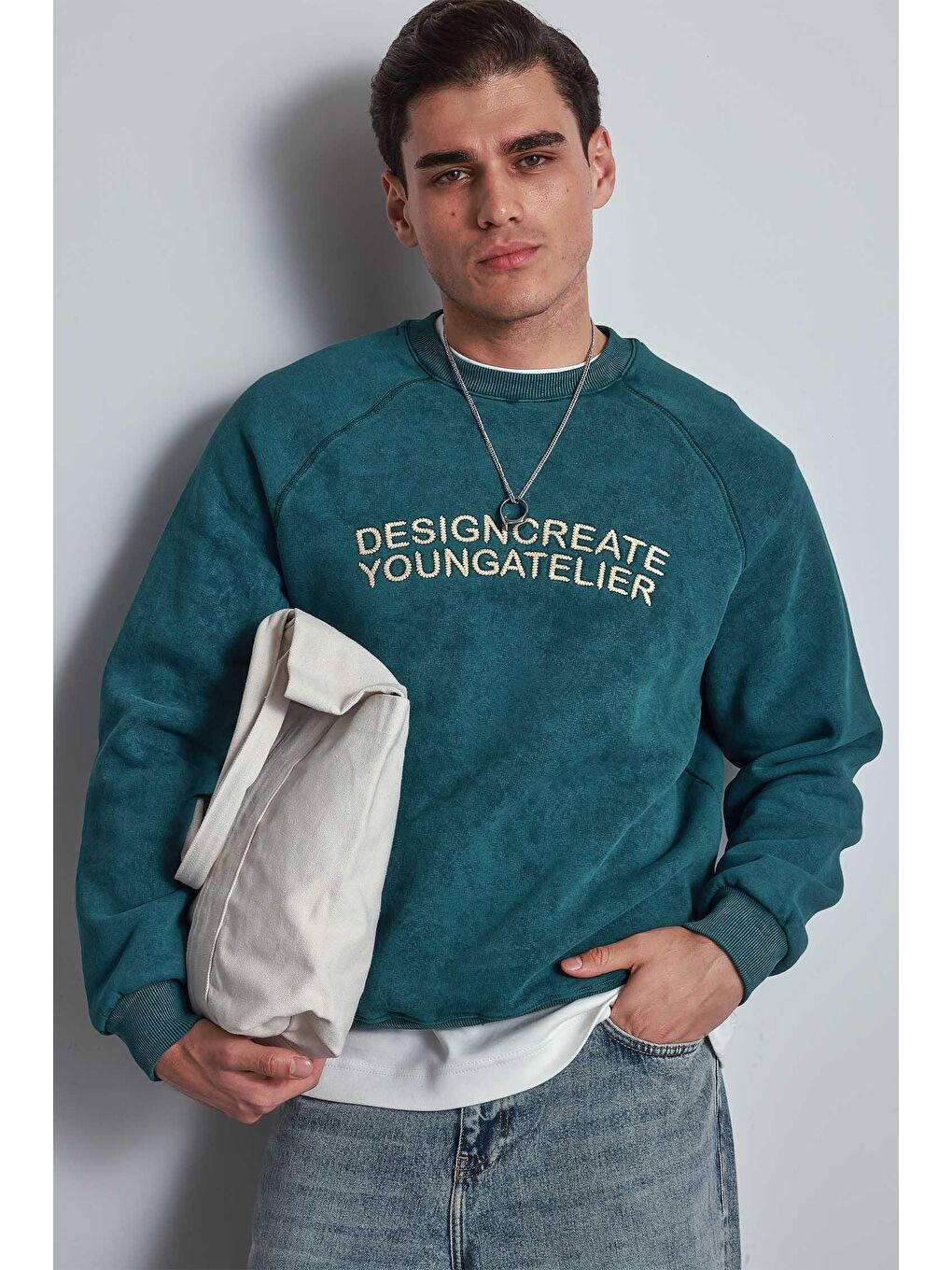 Erkek Oversize Yazı Baskılı Sweatshirt Yeşil-3