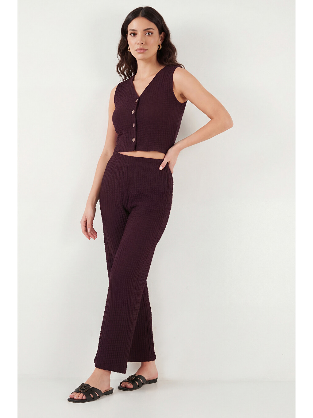 Bordo Regular Fit V Yaka Yelek-pantolon Gofre Takım 5866484-1