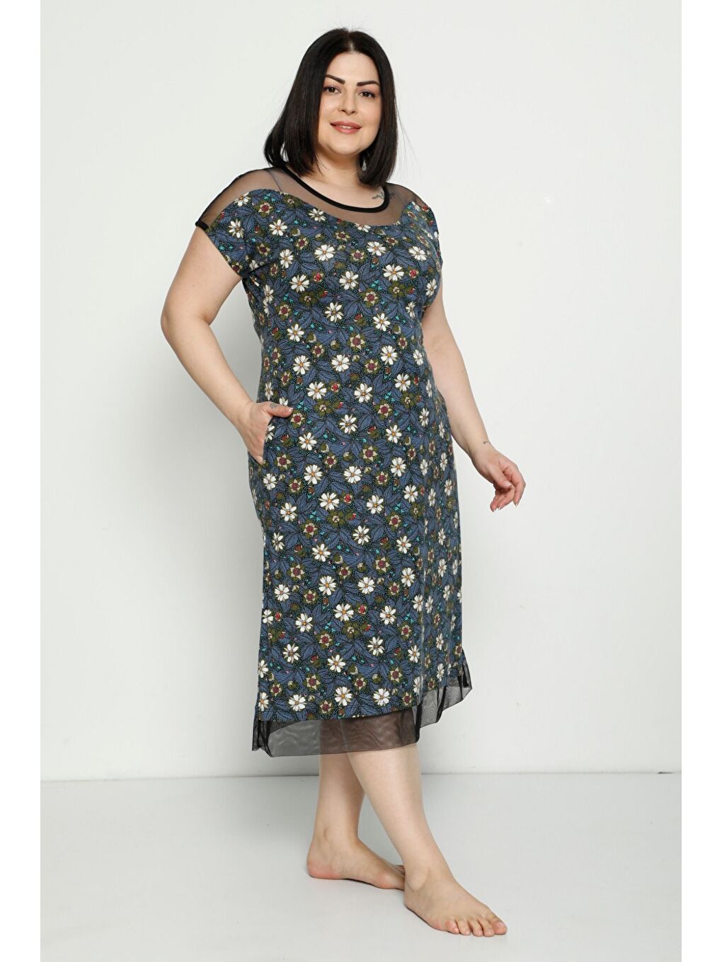 Lacivert Desenli Cepli Tül Detaylı Penye Modal Büyük Beden Kısa Kollu Pamuklu Elbise-3