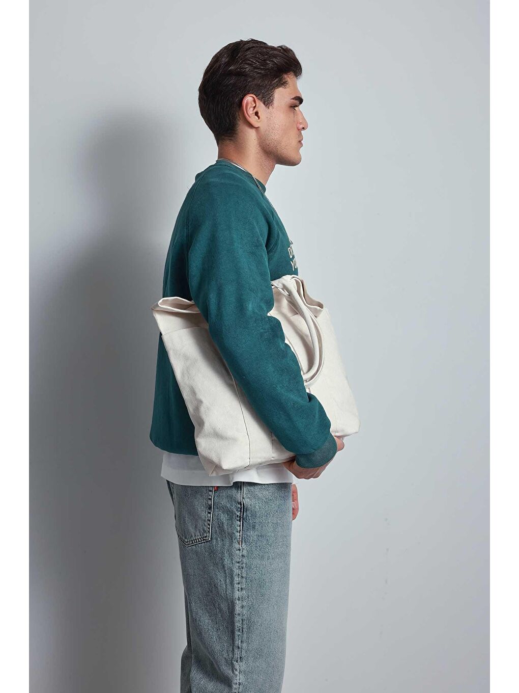 Erkek Oversize Yazı Baskılı Sweatshirt Yeşil-4