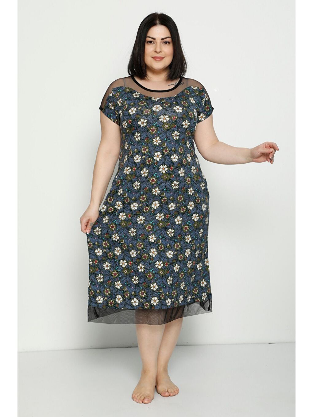 Lacivert Desenli Cepli Tül Detaylı Penye Modal Büyük Beden Kısa Kollu Pamuklu Elbise-4