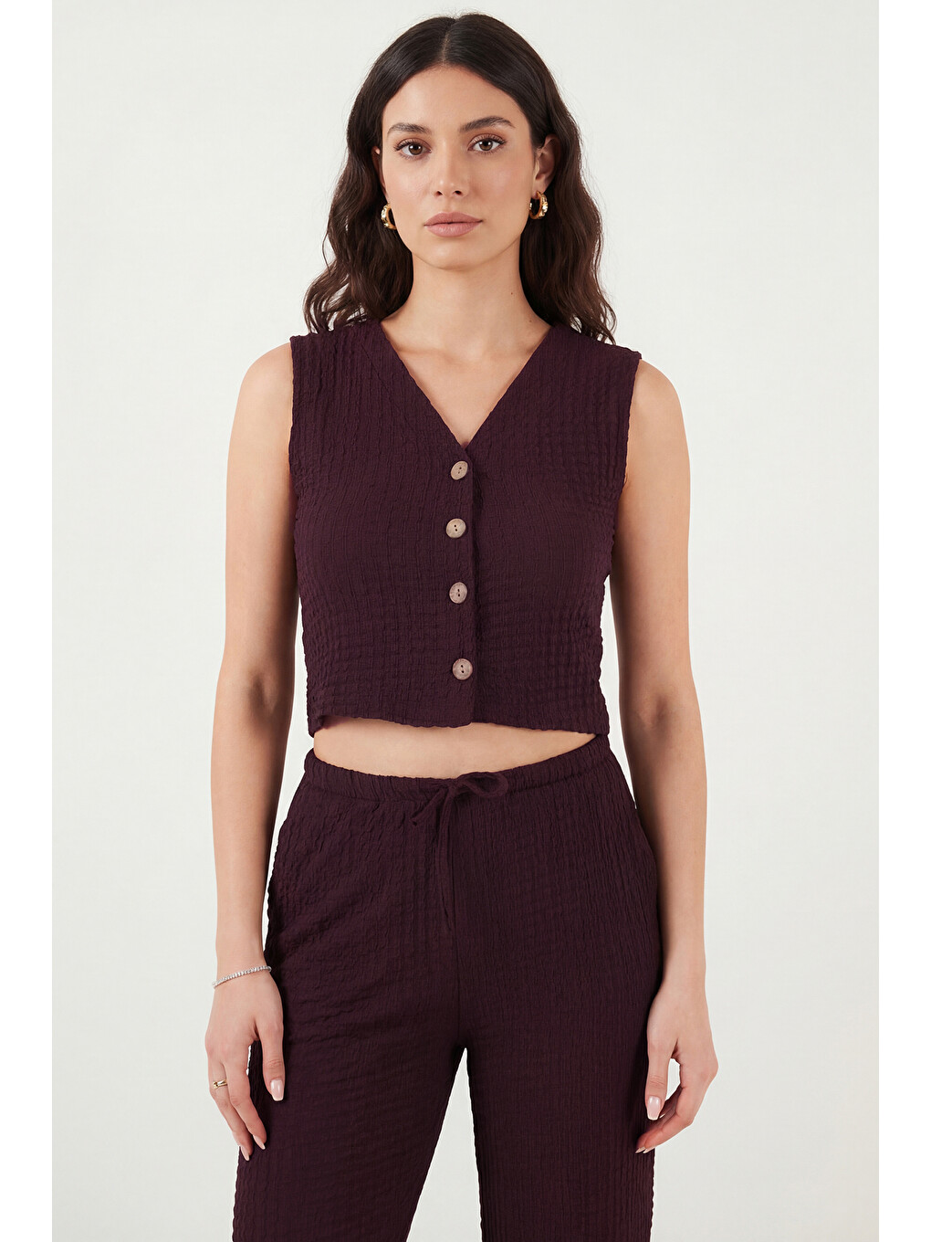 Bordo Regular Fit V Yaka Yelek-pantolon Gofre Takım 5866484-2