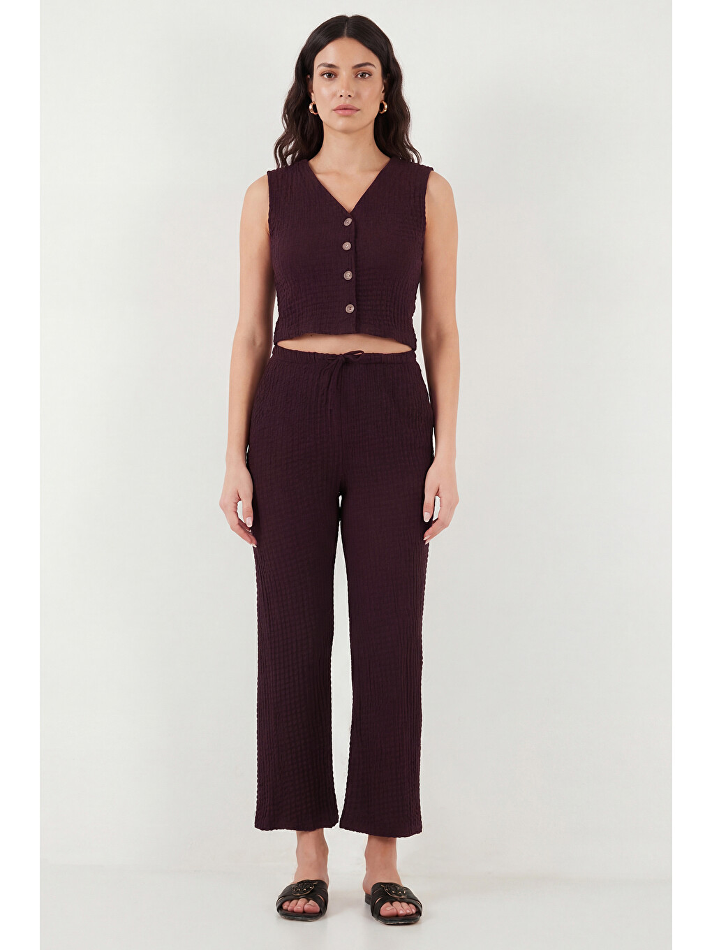 Bordo Regular Fit V Yaka Yelek-pantolon Gofre Takım 5866484-3