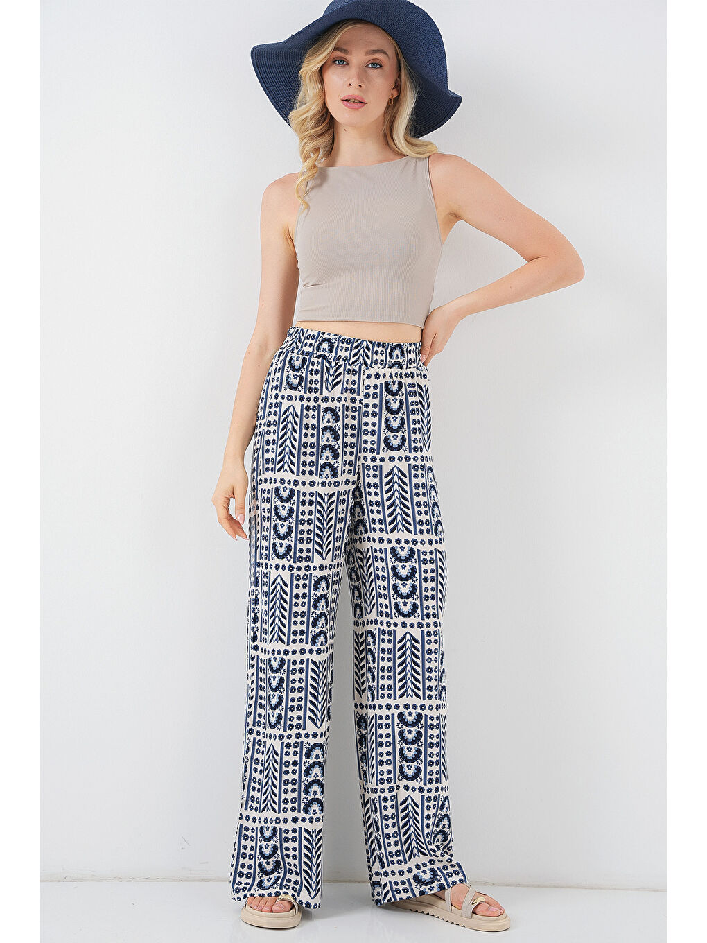 Ekru Kadın Desenli Viskon Pantolon 6749 - Krem