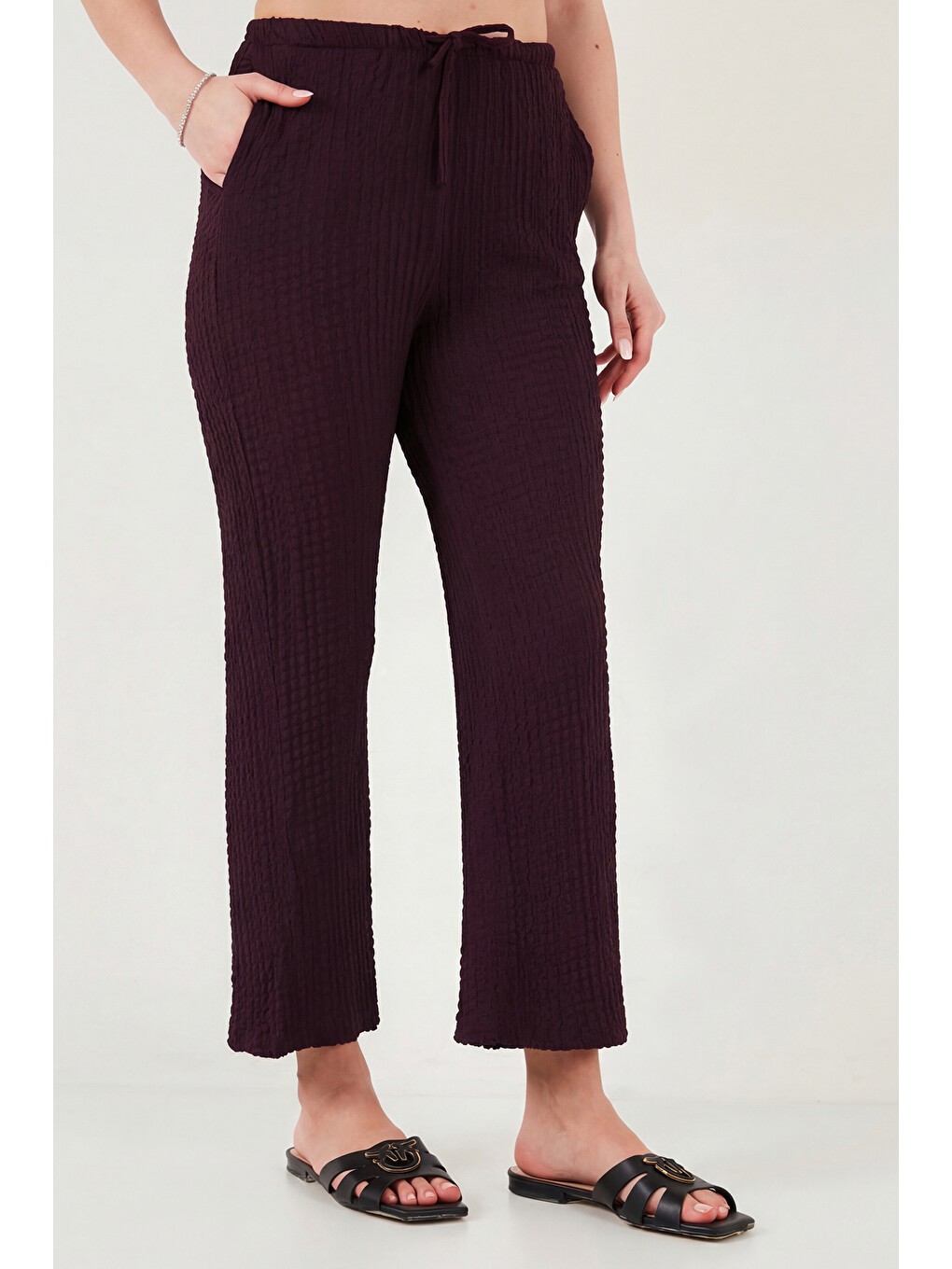 Bordo Regular Fit V Yaka Yelek-pantolon Gofre Takım 5866484-4