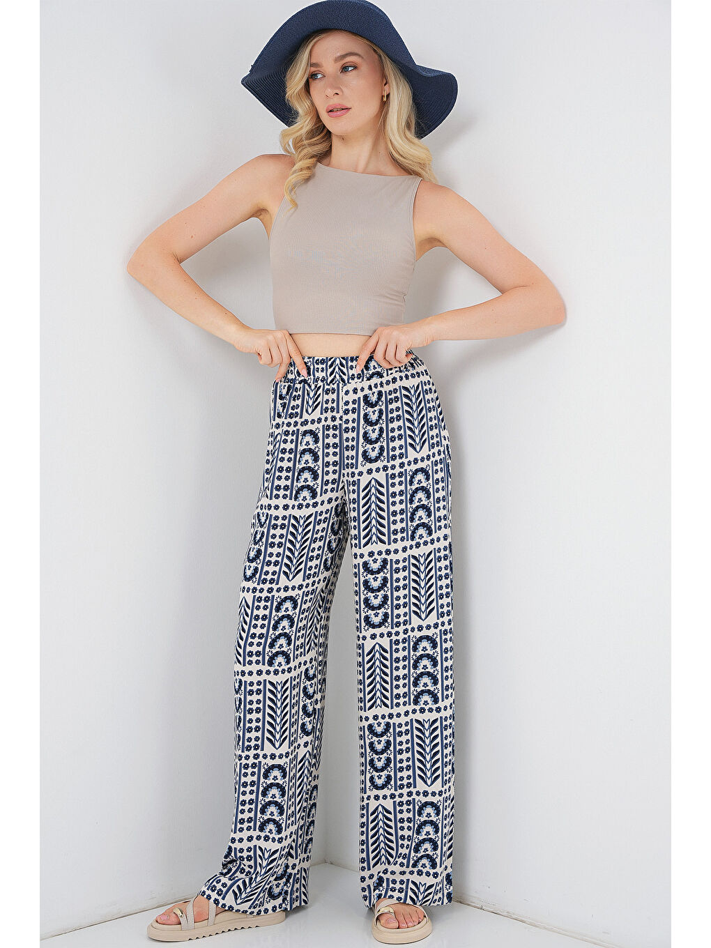 Ekru Kadın Desenli Viskon Pantolon 6749 - Krem-2