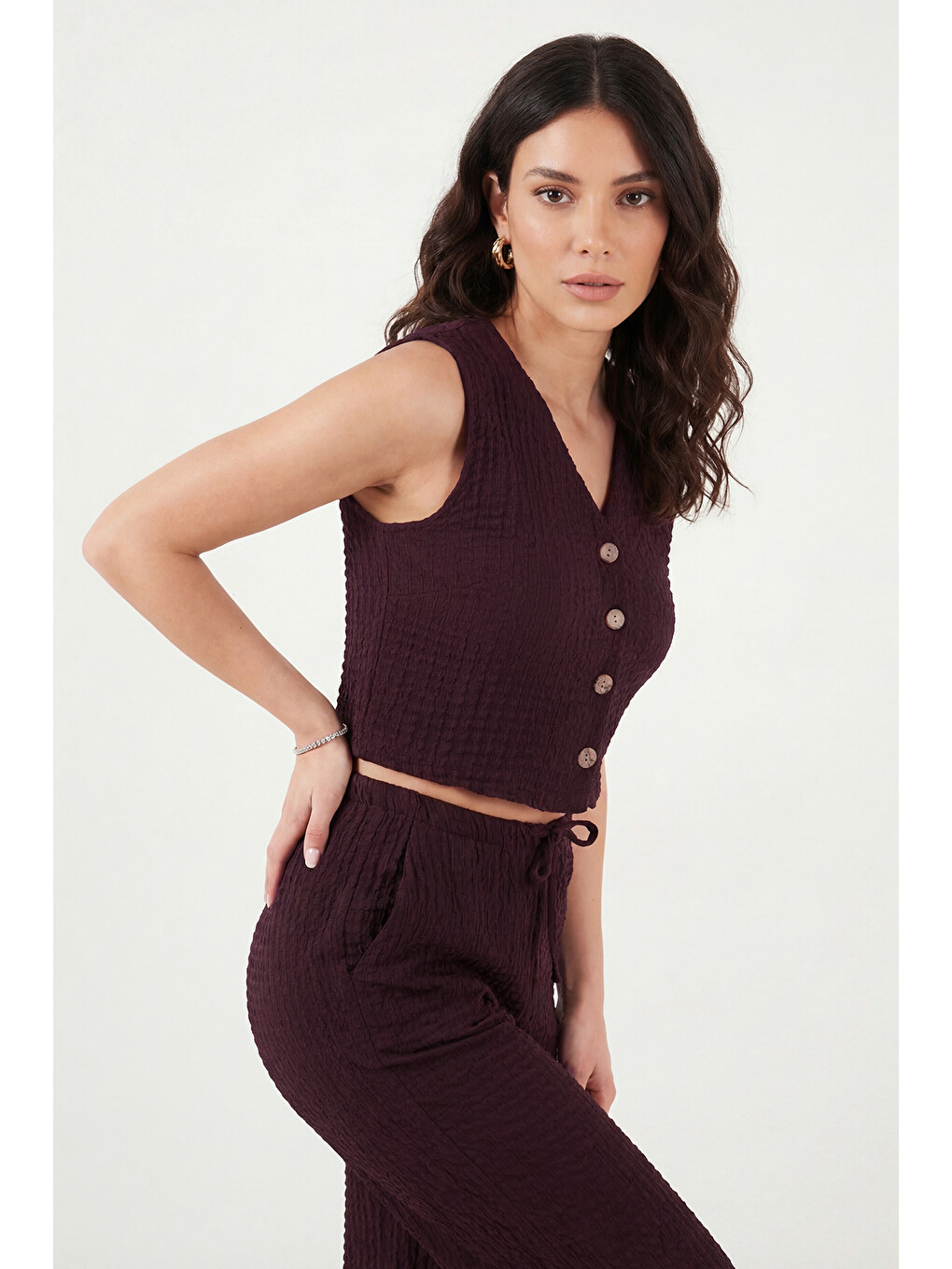 Bordo Regular Fit V Yaka Yelek-pantolon Gofre Takım 5866484-5