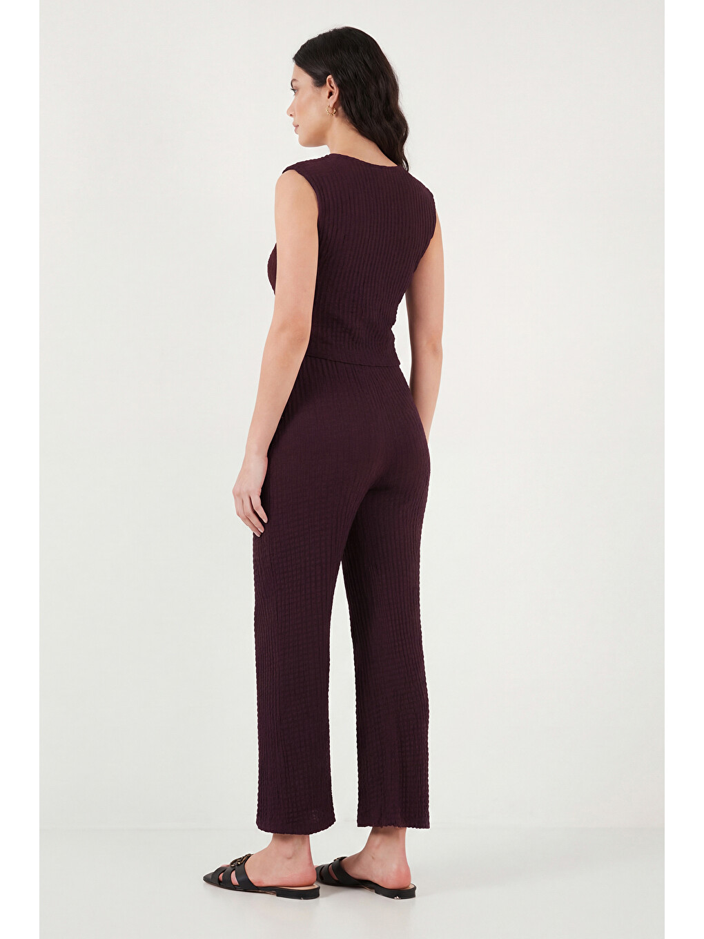 Bordo Regular Fit V Yaka Yelek-pantolon Gofre Takım 5866484-6