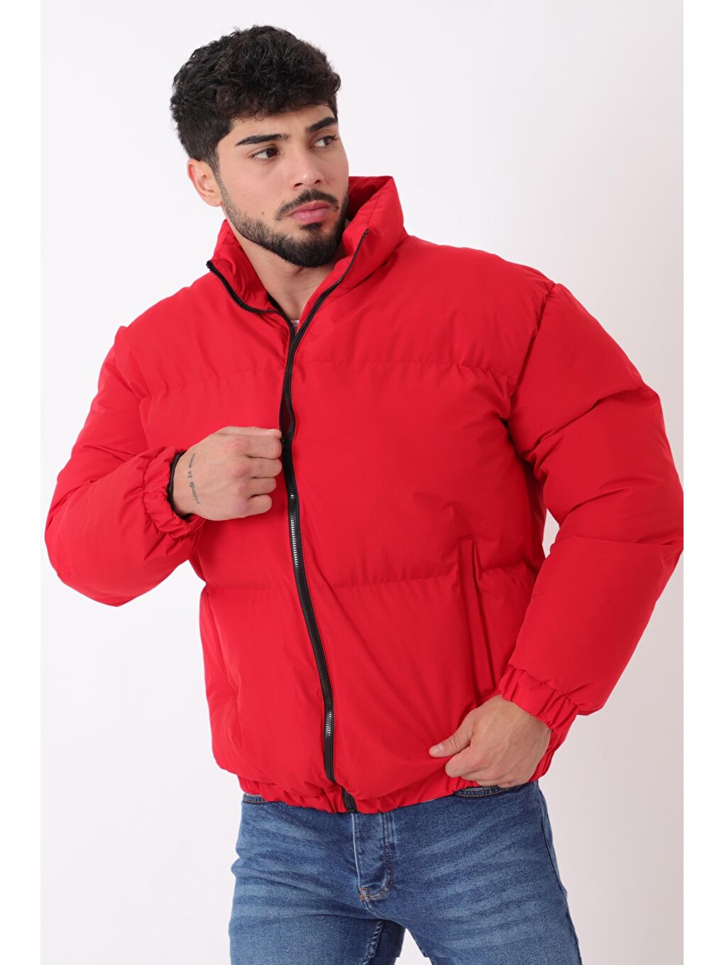 Kırmızı Dik Yaka Oversize Bomber Şişme Kışlık Mont PLDP 3018_50465-5