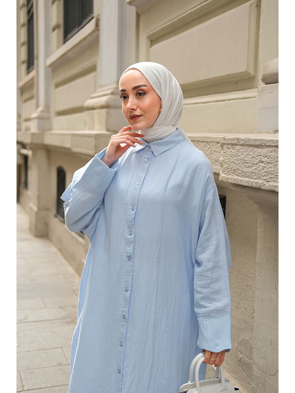 Kadın Midi Boy Gömlek Mavi-1