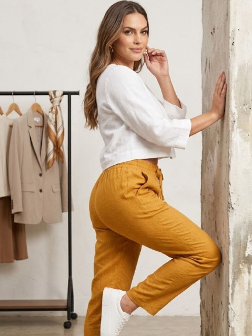 Sarı Kadın Hardal Keten Karışımlı Beli Lastikli Yazlık Havuç Pantolon-1