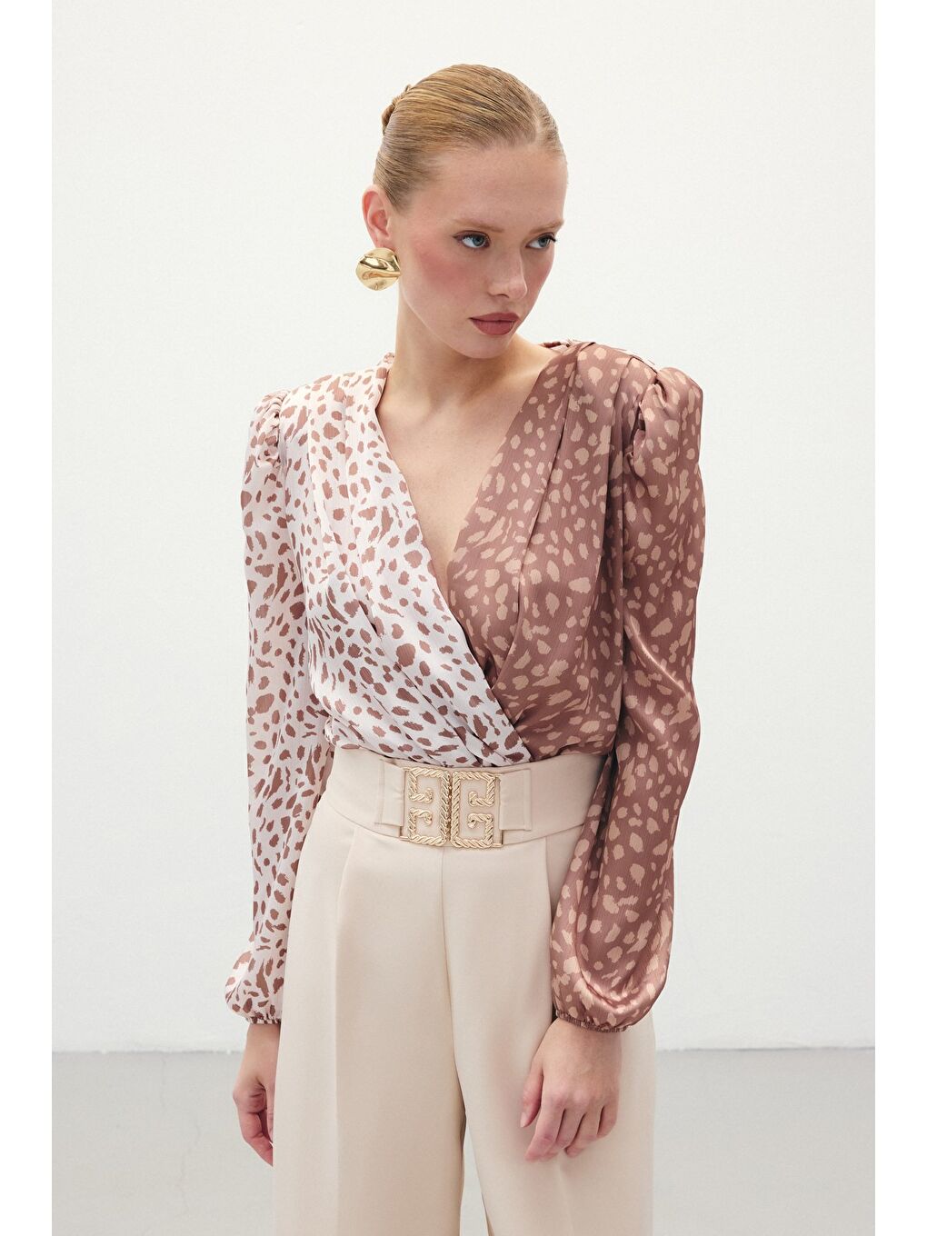 Kahverengi Kruvaze Desenli Bodysuit - Kahve-Bej-1