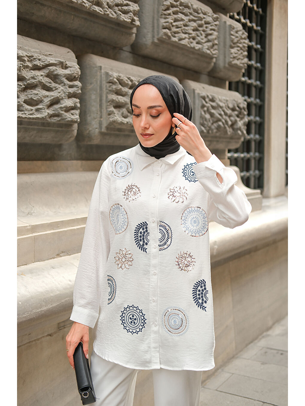 Kadın Etnik Pul Nakış İşlemeli Gömlek Beyaz-2