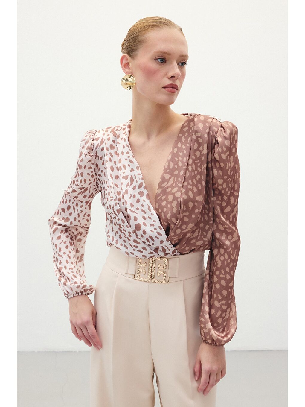 Kahverengi Kruvaze Desenli Bodysuit - Kahve-Bej-2