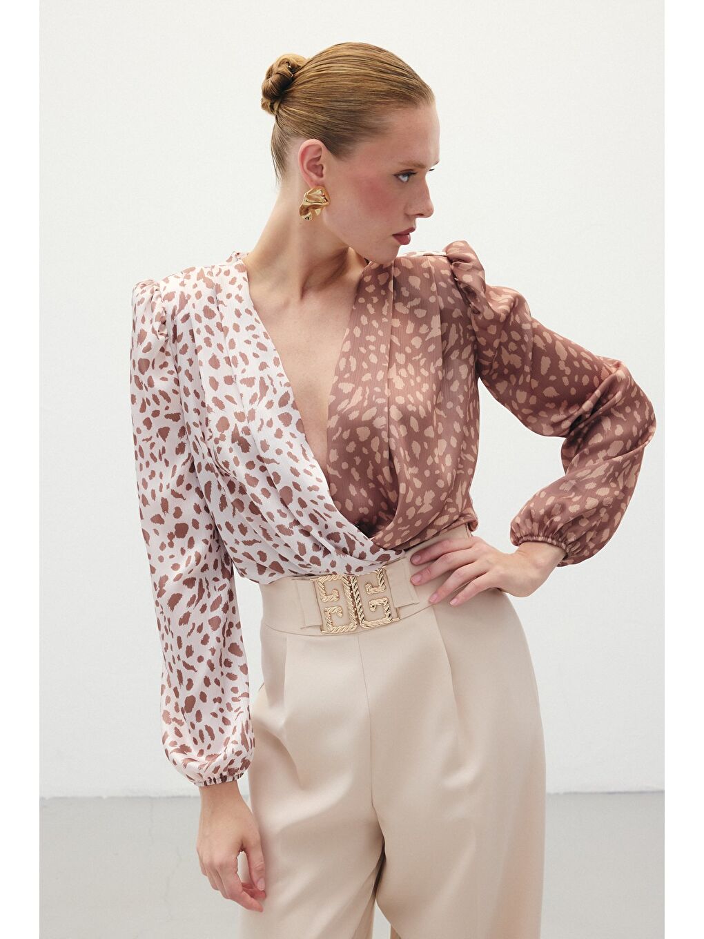 Kahverengi Kruvaze Desenli Bodysuit - Kahve-Bej-4