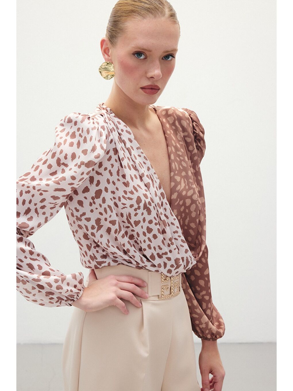 Kahverengi Kruvaze Desenli Bodysuit - Kahve-Bej-5