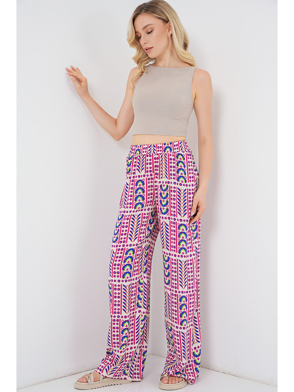 Kadın Desenli Viskon Pantolon 6749 - Fuşya-2