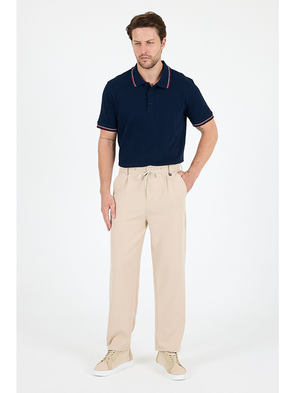 Bej Erkek Duble Paça Baggy Jogger Eşofman Altı Pantolon – Rahat Kalıp, Günlük Spor Giyim 3665-1