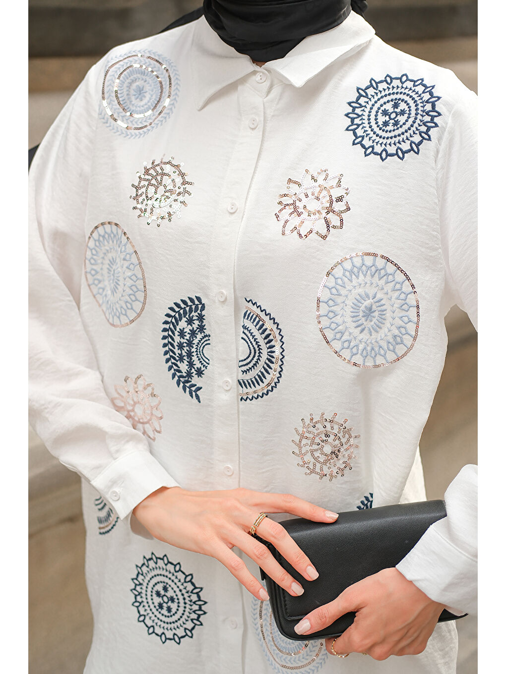 Kadın Etnik Pul Nakış İşlemeli Gömlek Beyaz-3