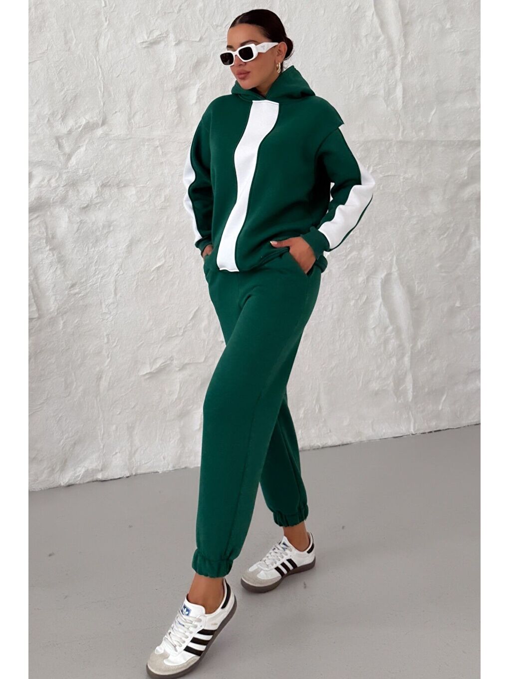 Kadın Nefti Yeşil Kapüşonlu Kol Ve Göğüs Dikey Kalın Şeritli Alt-Üst Eşofman Takımı-3