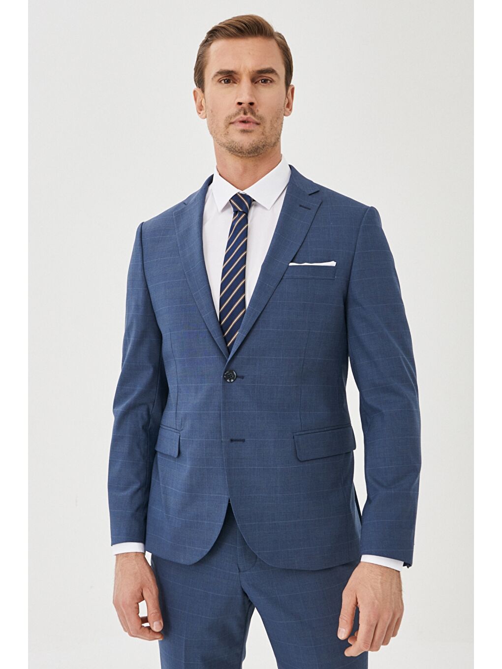 Erkek Lacivert Ekstra Slim Fit Yünlü Kareli Takım Elbise