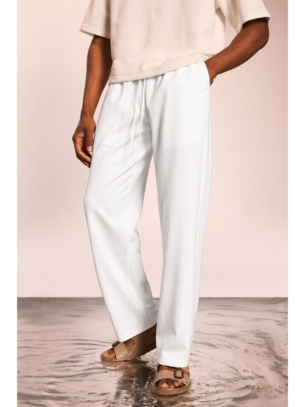 Beyaz Modal Kumaş Erkek Lastikli Bel Rahat Kesim Pantolon