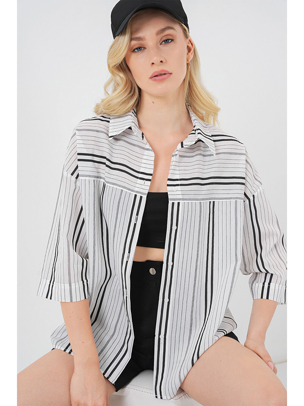 Bej Kadın Çizgili Kısa Kol Gömlek 20344 - Siyah - Taş-3