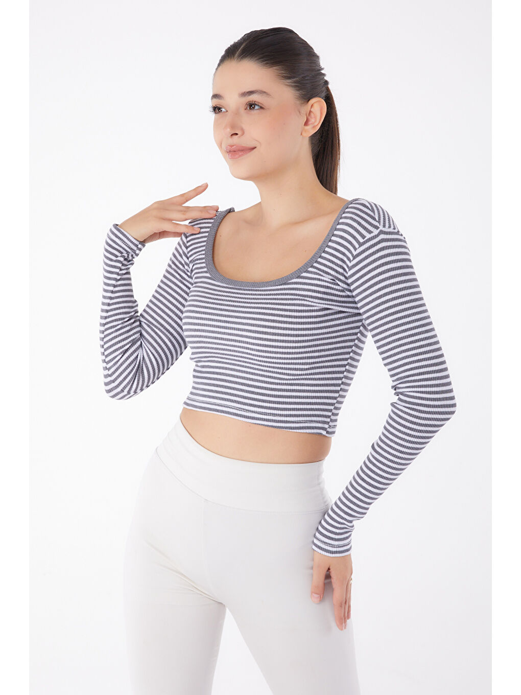 Gri Çizgili Crop Füme - 26119-2