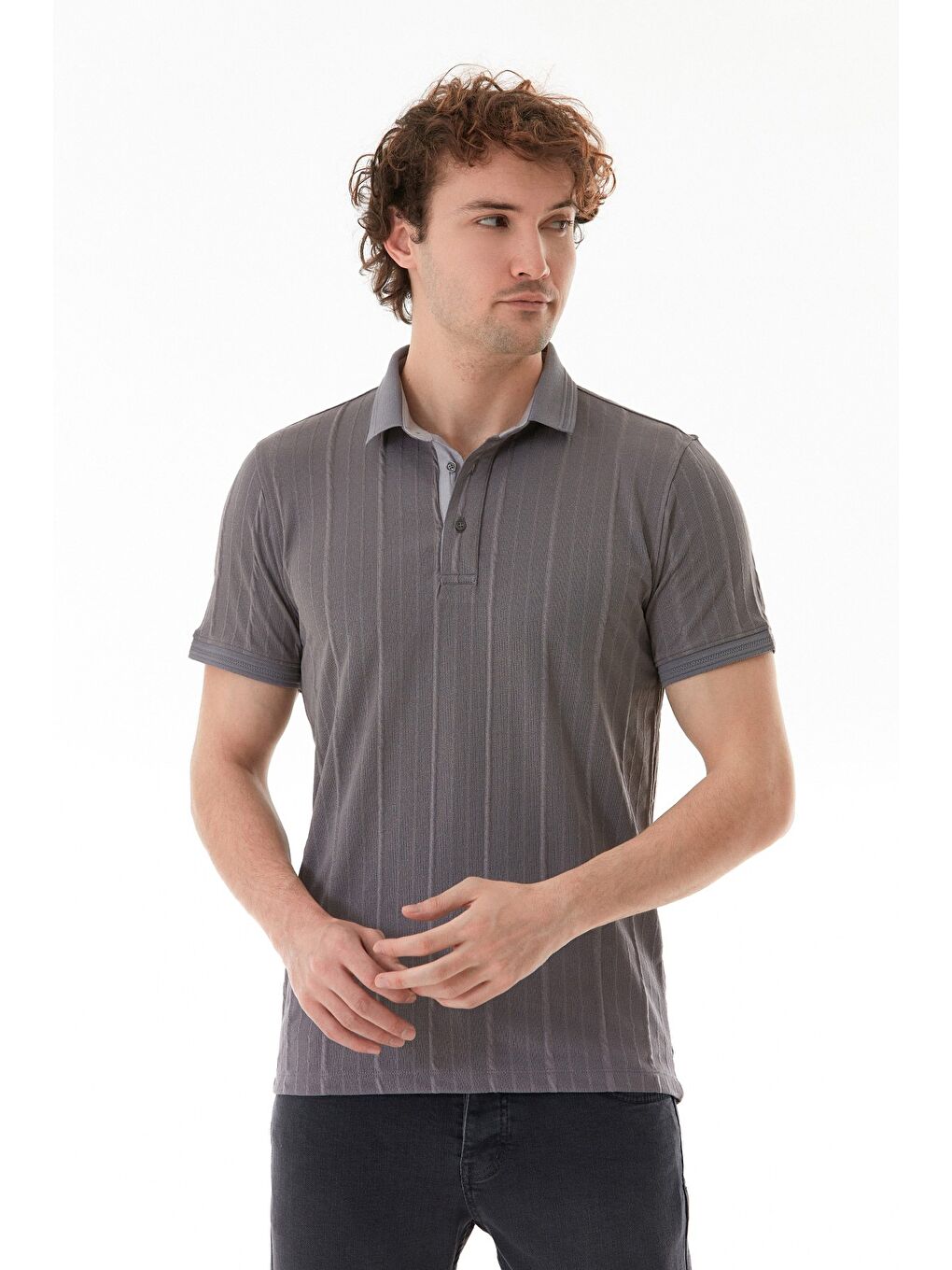 Gri Şeritli Polo Yaka Slim Fit Tişört