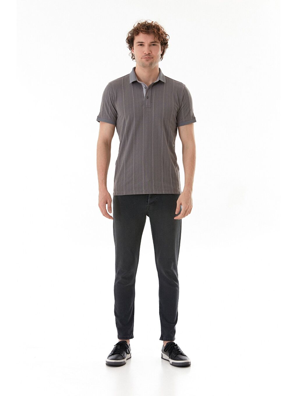 Gri Şeritli Polo Yaka Slim Fit Tişört-1