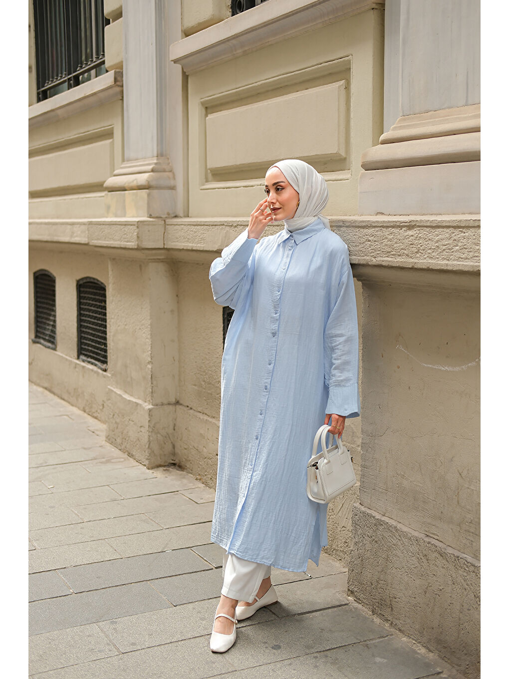 Kadın Midi Boy Gömlek Mavi-3