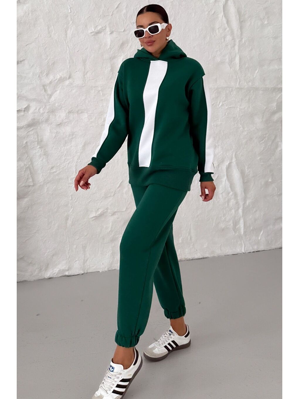 Kadın Nefti Yeşil Kapüşonlu Kol Ve Göğüs Dikey Kalın Şeritli Alt-Üst Eşofman Takımı-4