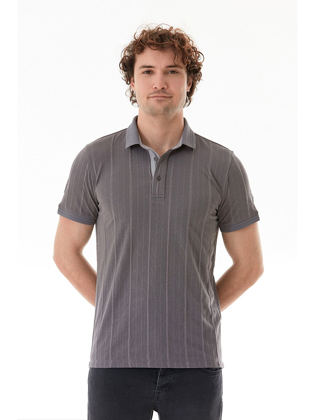 Gri Şeritli Polo Yaka Slim Fit Tişört-2