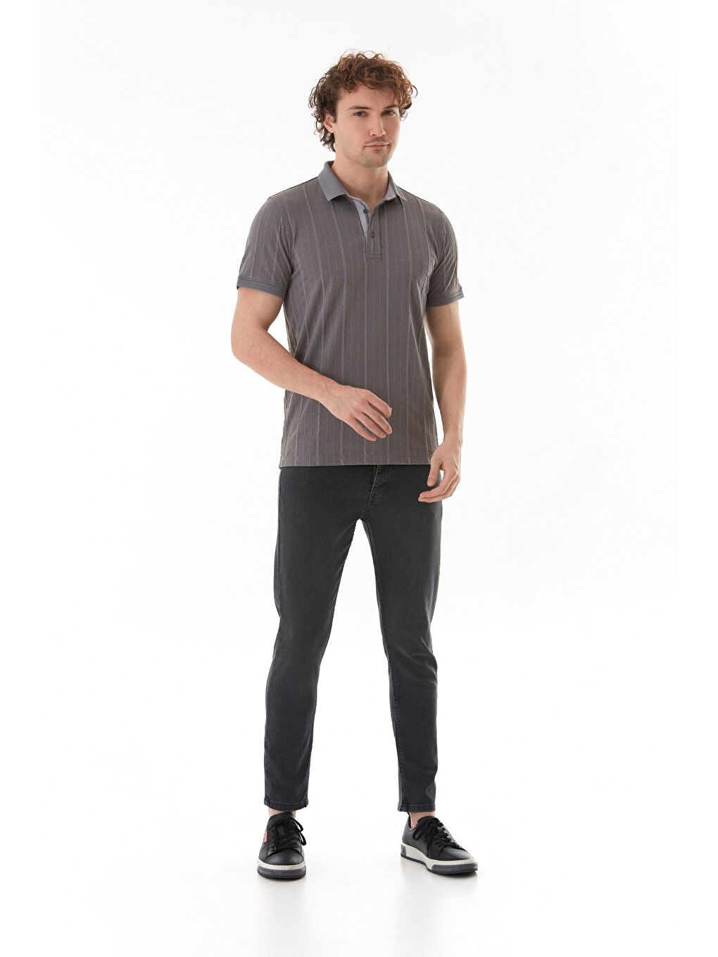 Gri Şeritli Polo Yaka Slim Fit Tişört-3