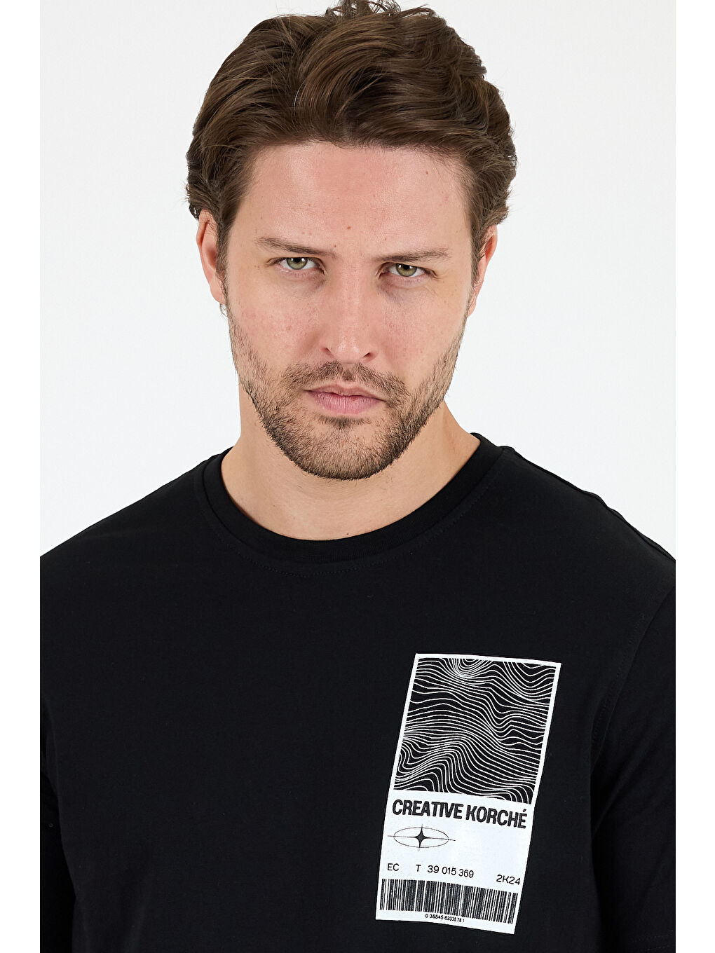 Siyah Bisiklet Yaka Baskılı Penye Erkek %100 Pamuk Tişört-3