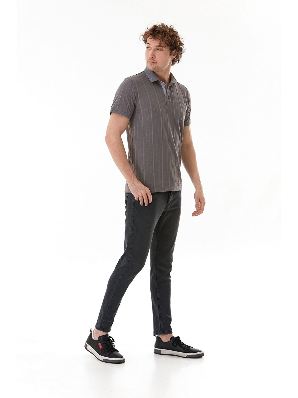 Gri Şeritli Polo Yaka Slim Fit Tişört-4
