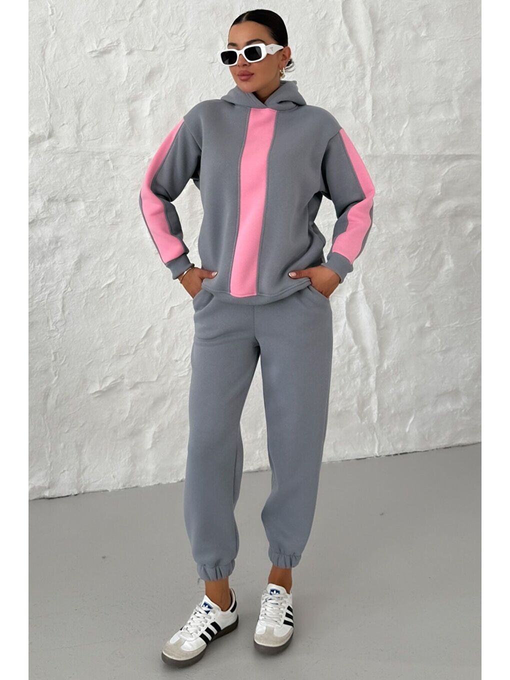 Gri Kadın Füme Kapüşonlu Kol Ve Göğüs Dikey Kalın Şeritli Alt-Üst Eşofman Takımı-2