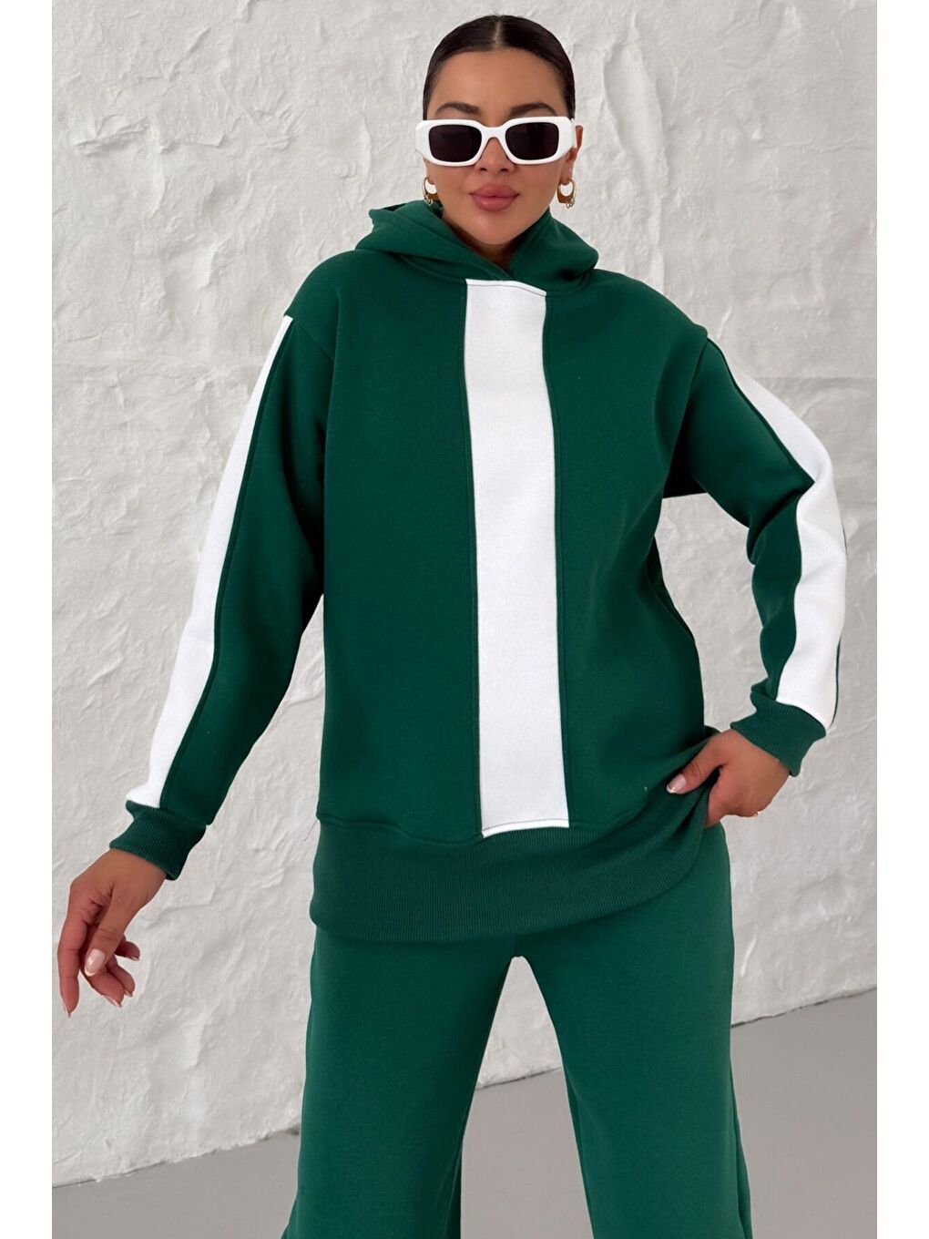 Kadın Nefti Yeşil Kapüşonlu Kol Ve Göğüs Dikey Kalın Şeritli Alt-Üst Eşofman Takımı-5