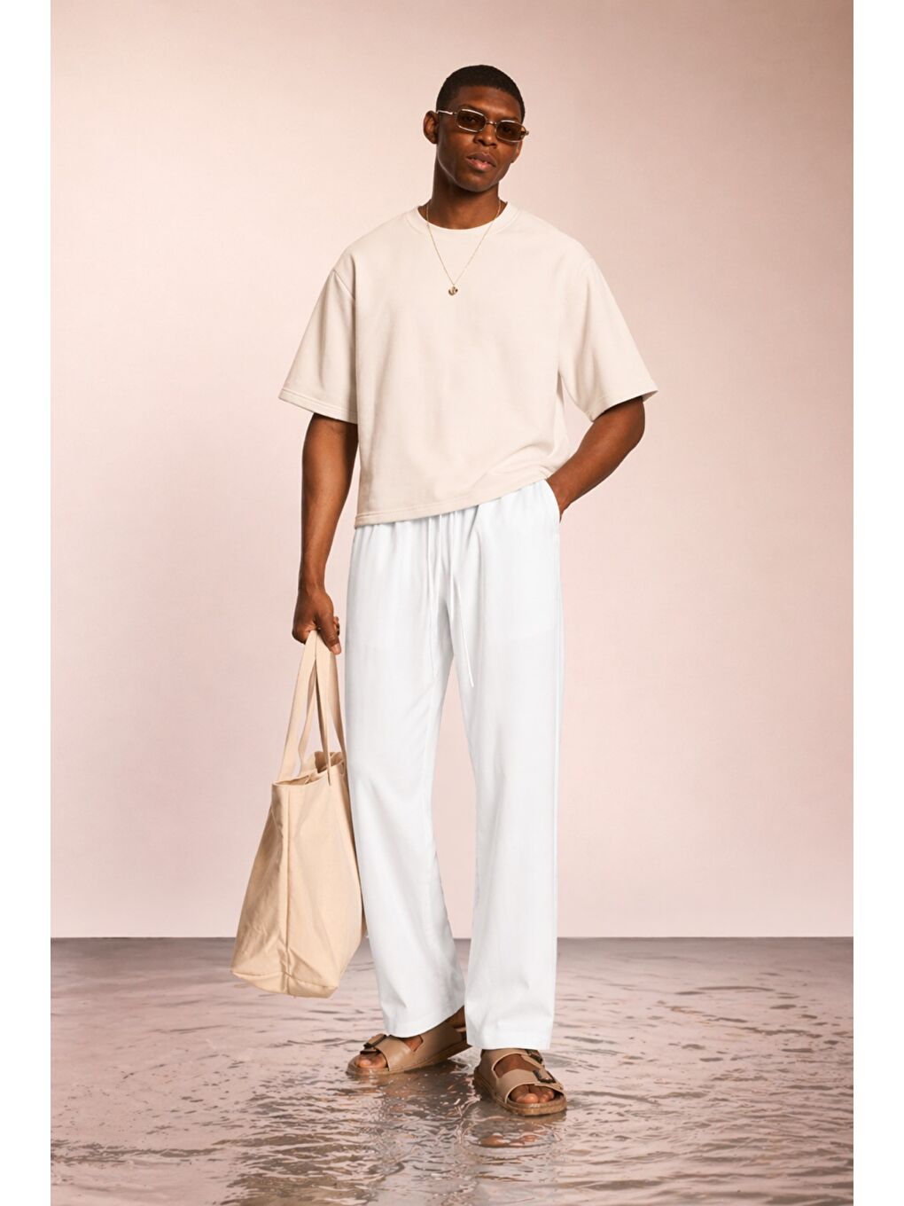 Beyaz Modal Kumaş Erkek Lastikli Bel Rahat Kesim Pantolon-1