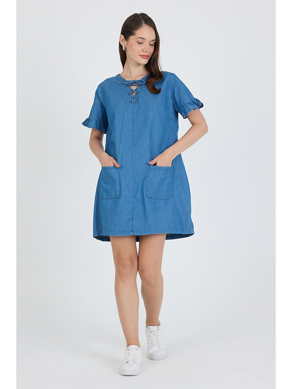 Mavi Kadın Önü Cepli Göğüs Bağcıklı Jean Stil Salopet Elbise 1449