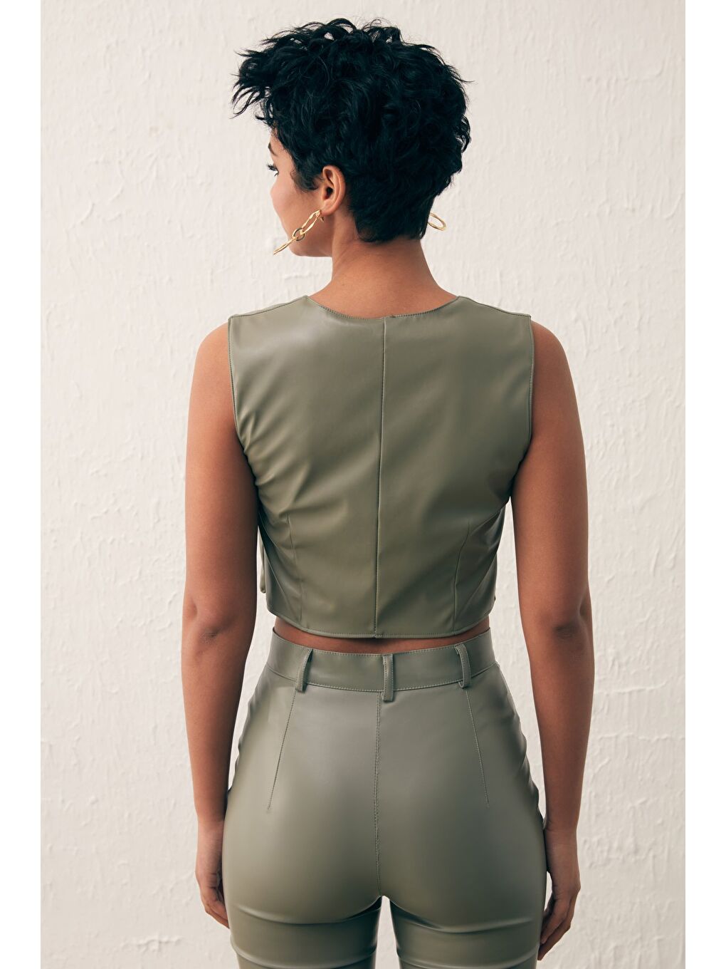 Kare Yaka Deri Crop Bluz - Çağla Yeşili-5
