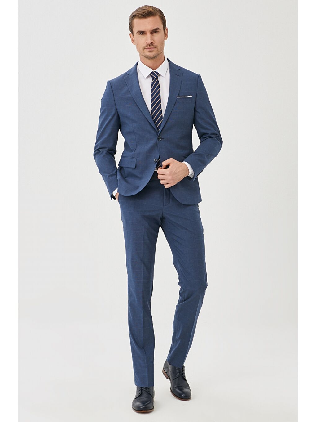 Erkek Lacivert Ekstra Slim Fit Yünlü Kareli Takım Elbise-1