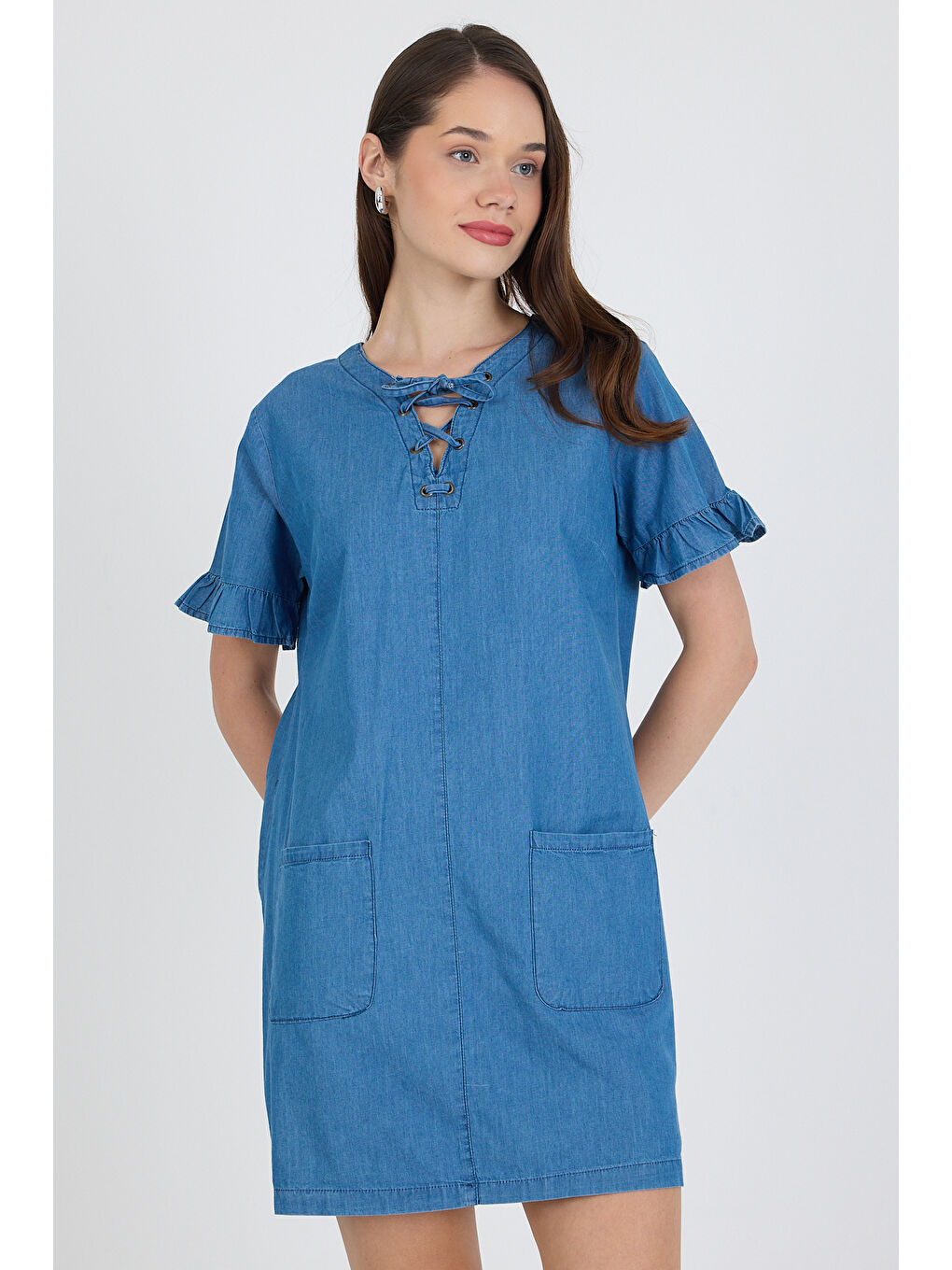 Mavi Kadın Önü Cepli Göğüs Bağcıklı Jean Stil Salopet Elbise 1449-1