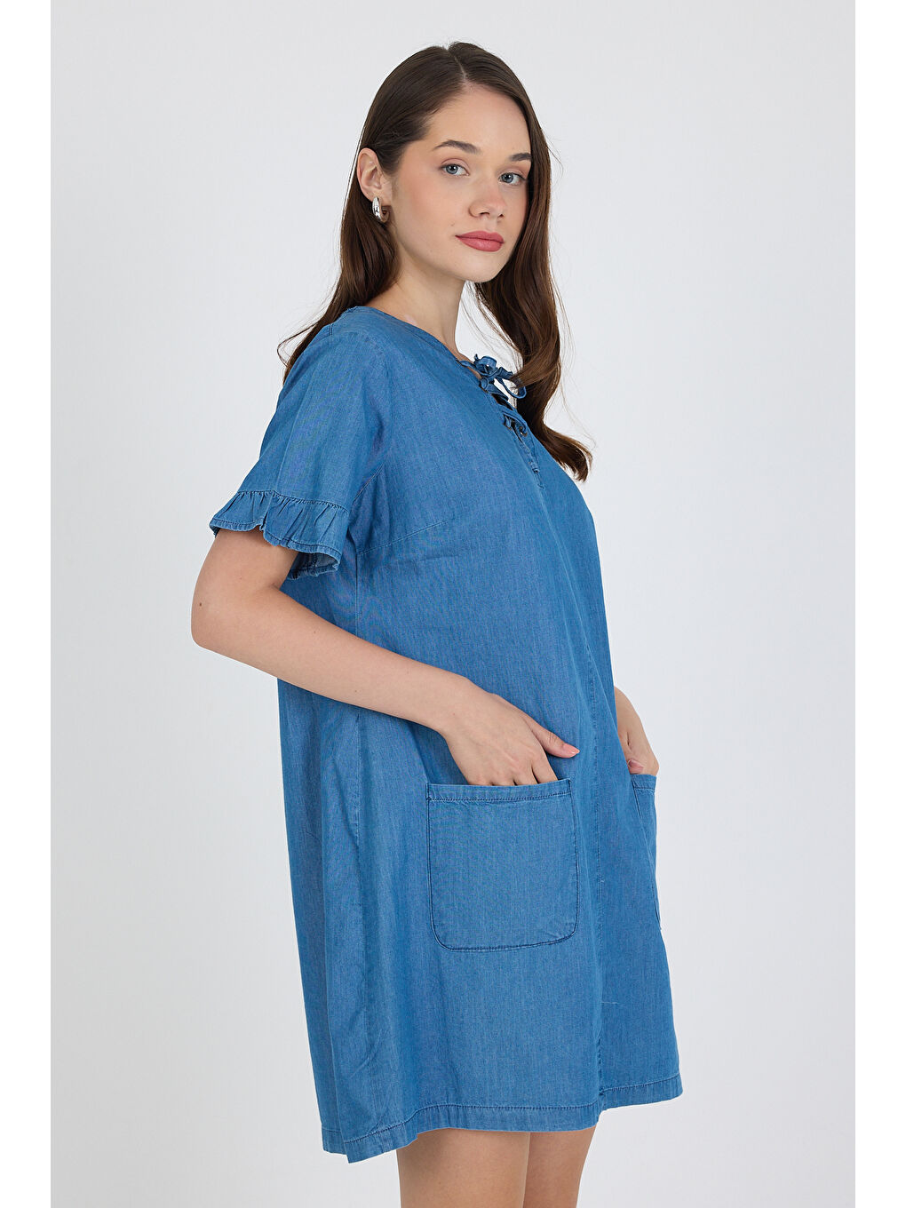 Mavi Kadın Önü Cepli Göğüs Bağcıklı Jean Stil Salopet Elbise 1449-2