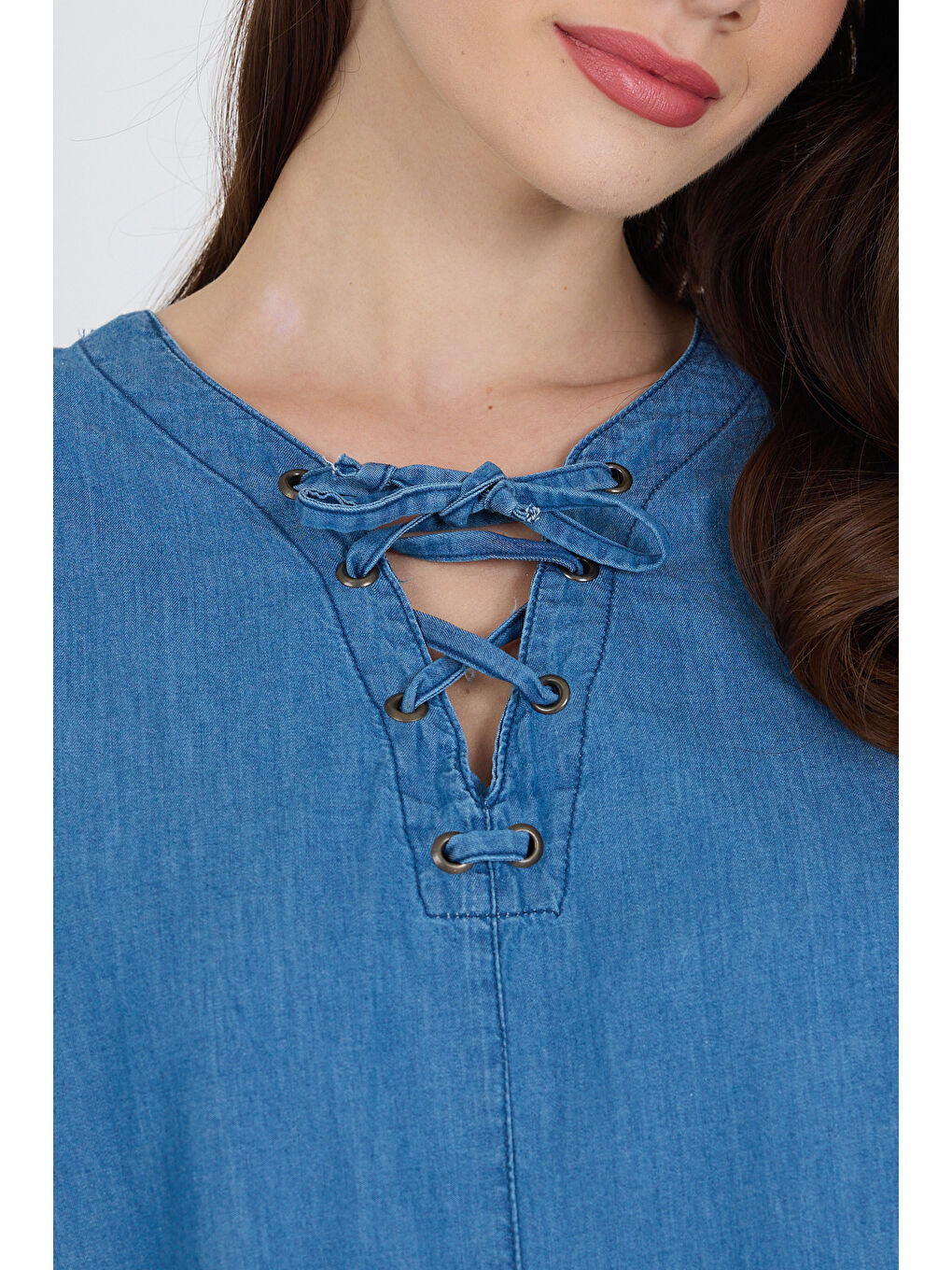 Mavi Kadın Önü Cepli Göğüs Bağcıklı Jean Stil Salopet Elbise 1449-3