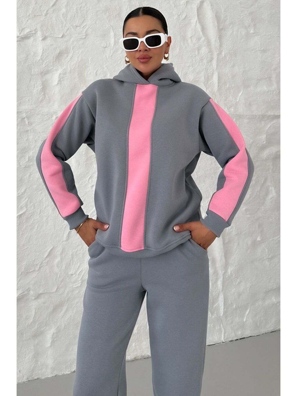 Gri Kadın Füme Kapüşonlu Kol Ve Göğüs Dikey Kalın Şeritli Alt-Üst Eşofman Takımı-4