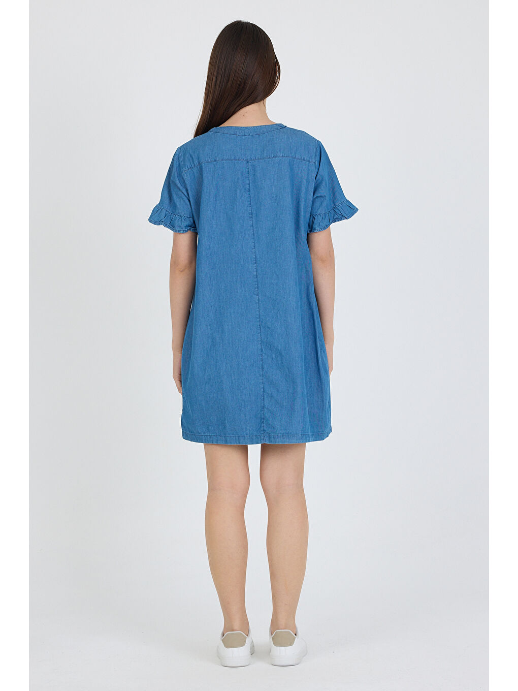 Mavi Kadın Önü Cepli Göğüs Bağcıklı Jean Stil Salopet Elbise 1449-4