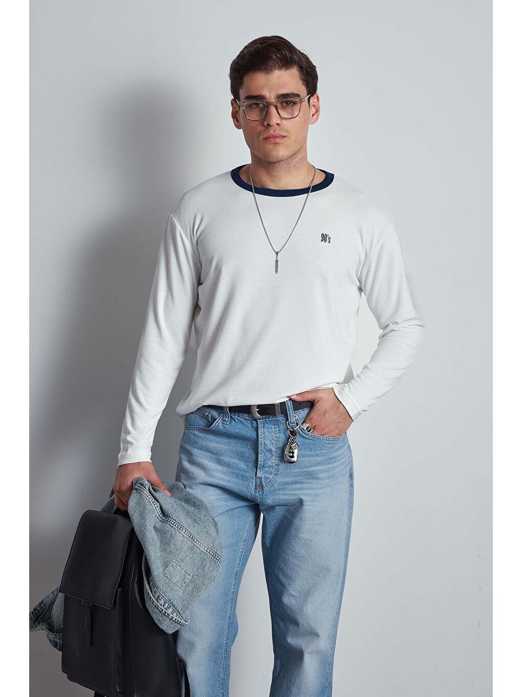 Erkek Kontrast Detaylı Oversize Basic Sweatshirt Ekru-2